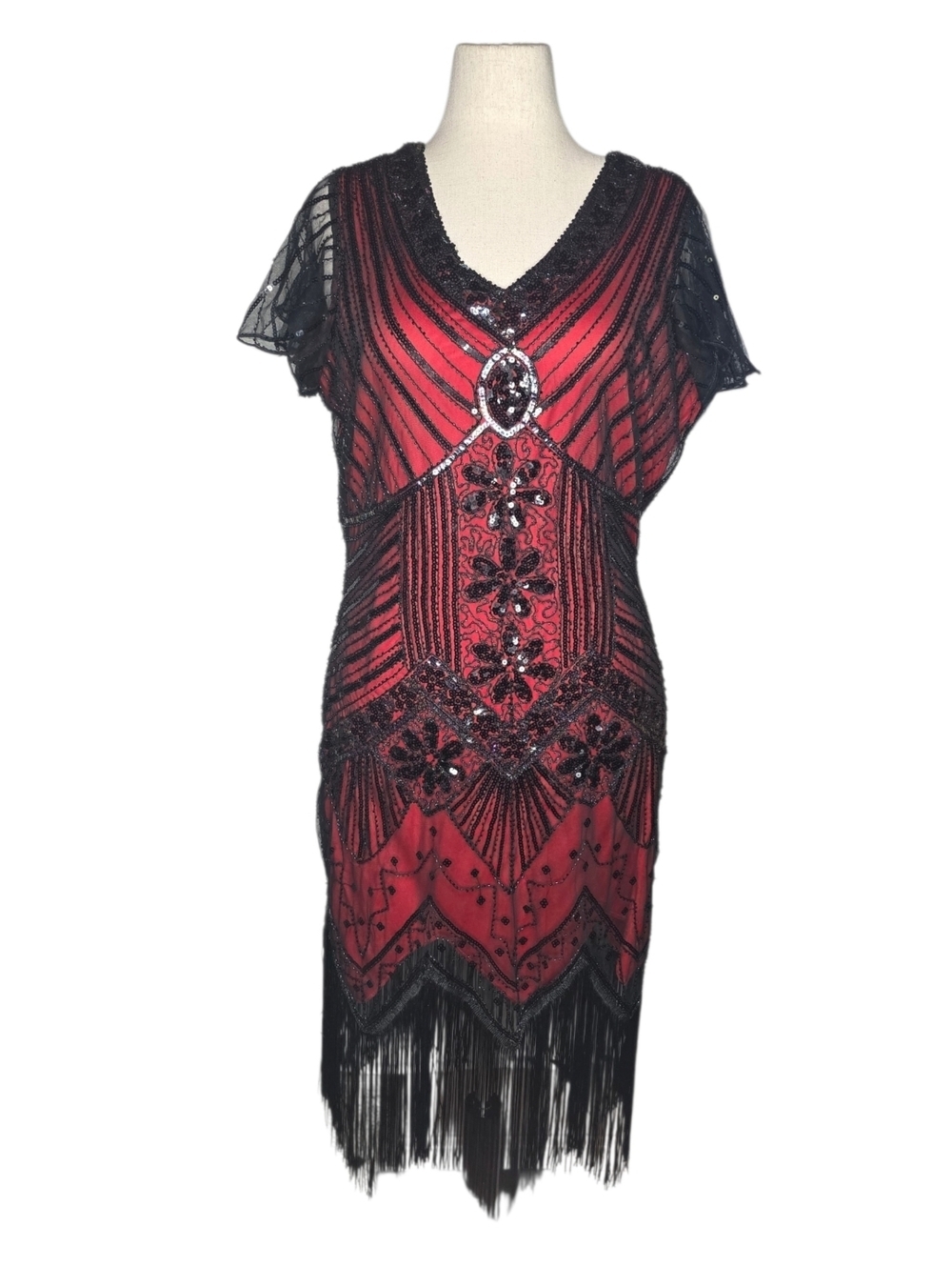 Fundaisy Flapper Dress XXL Red Black Beaded Sequin Fringe Gatsby